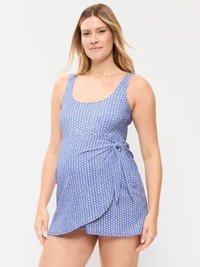 NWOT Old Navy Maternity Pique Classic Wrap Swim Dress // Blue Floral